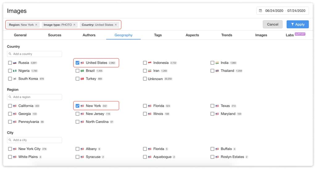 Geo options detected by YouScan