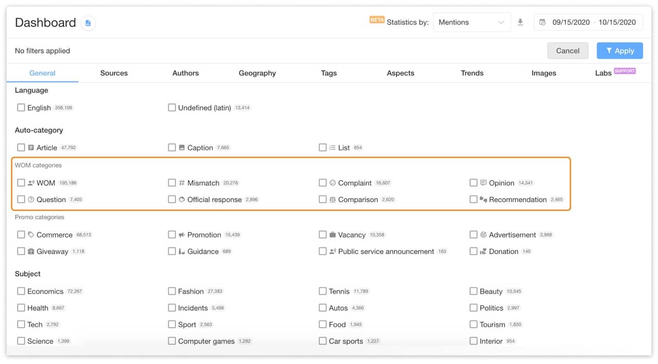 Subcategories of WOM content