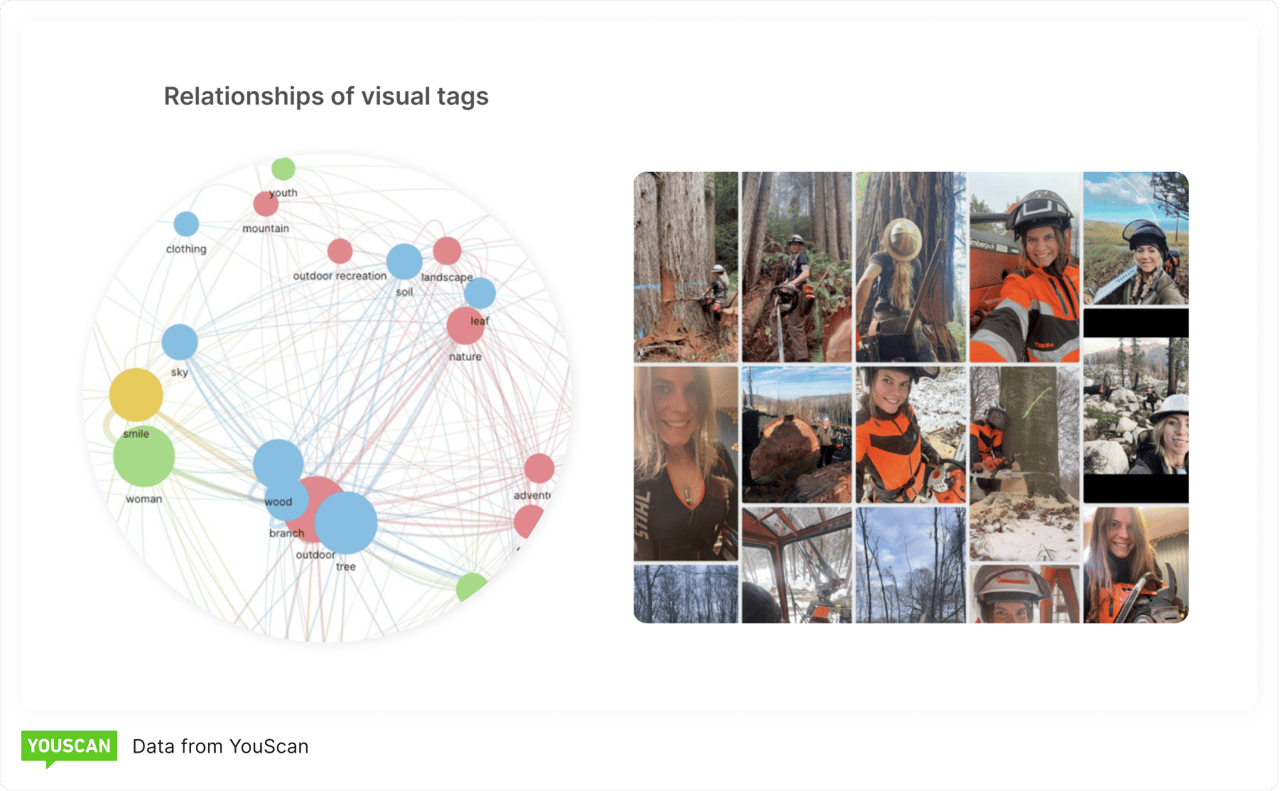 Visual Insights de YouScan: Relaciones de etiquetas visuales y Galería de imágenes