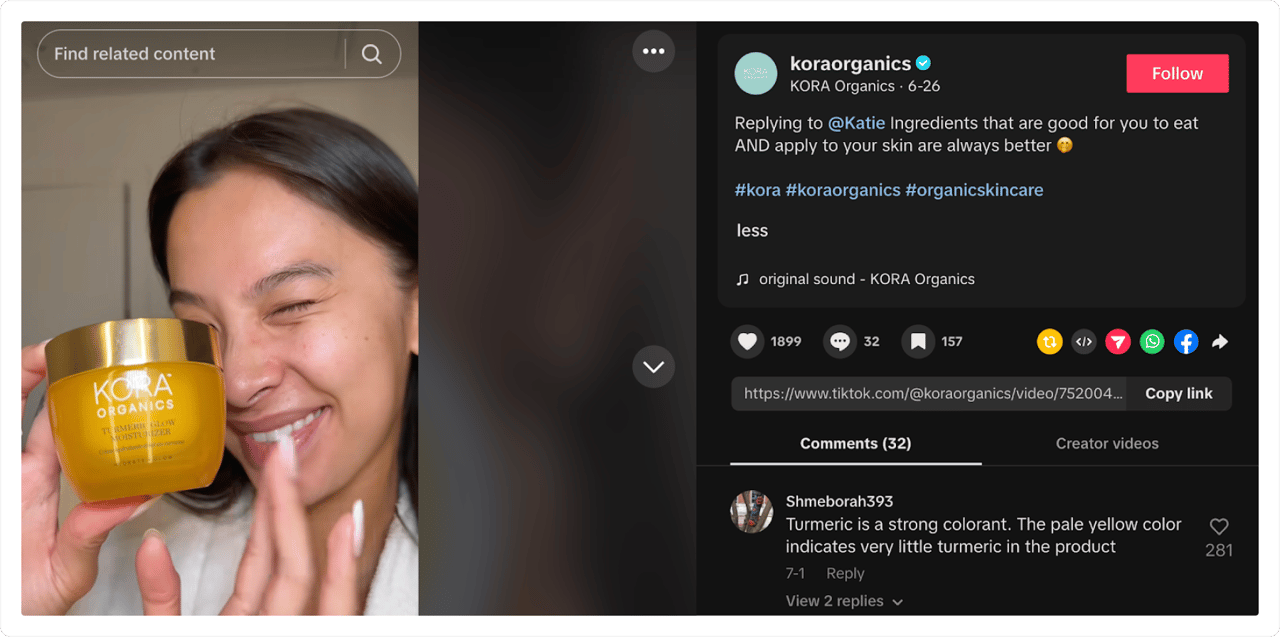 KORA Organics responds to a person on social media