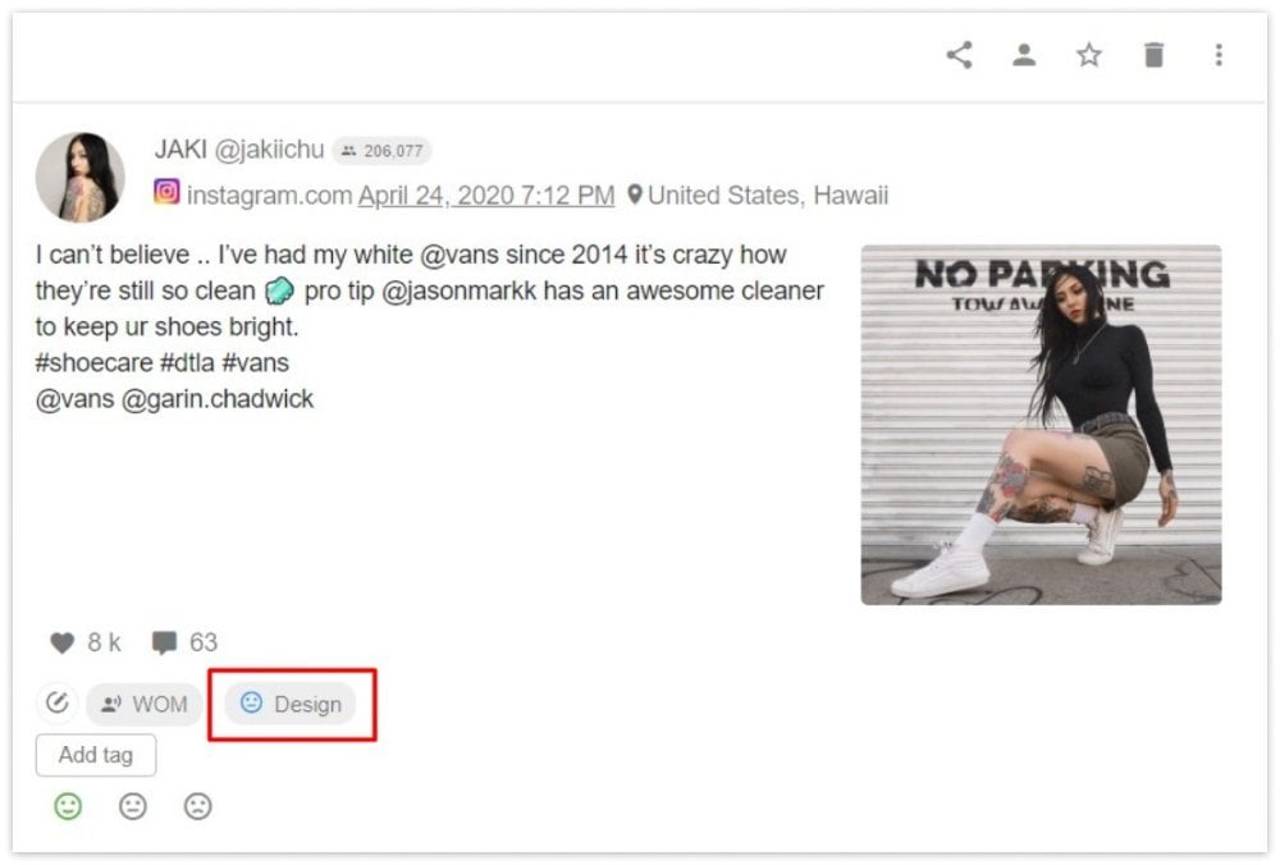 The example of filtering mentions by the Design aspect of a brand Vans | YouScan