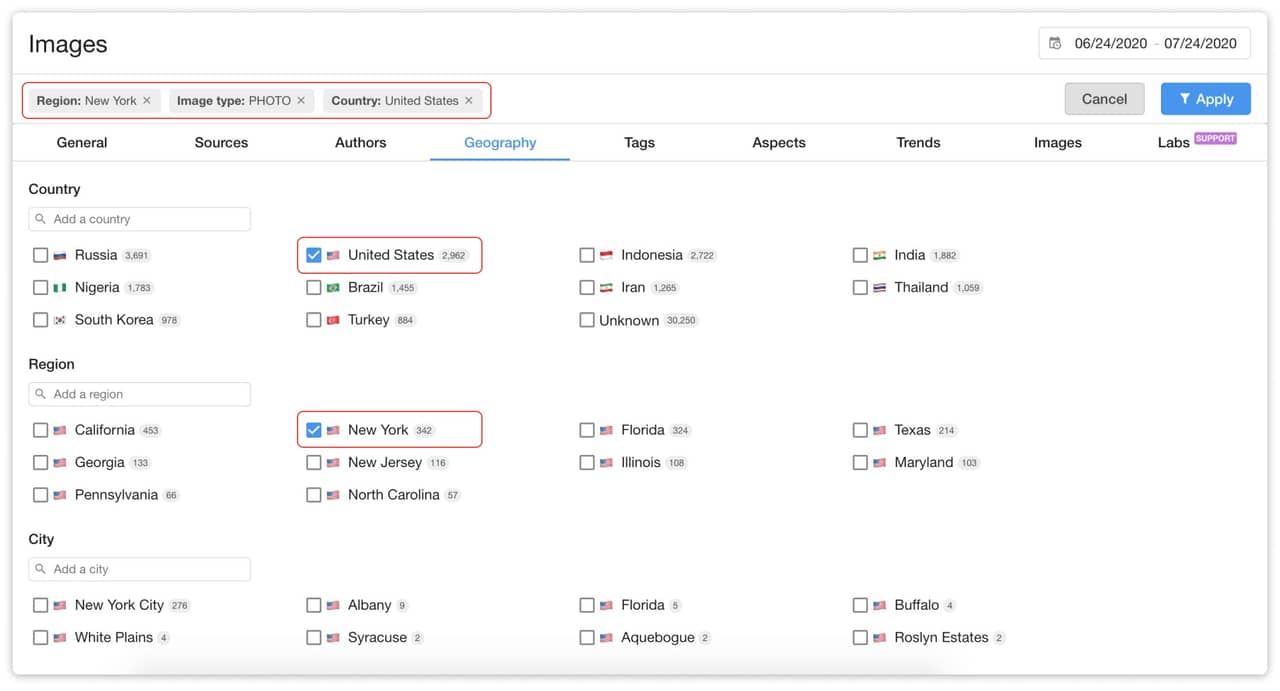 Geo options detected by YouScan