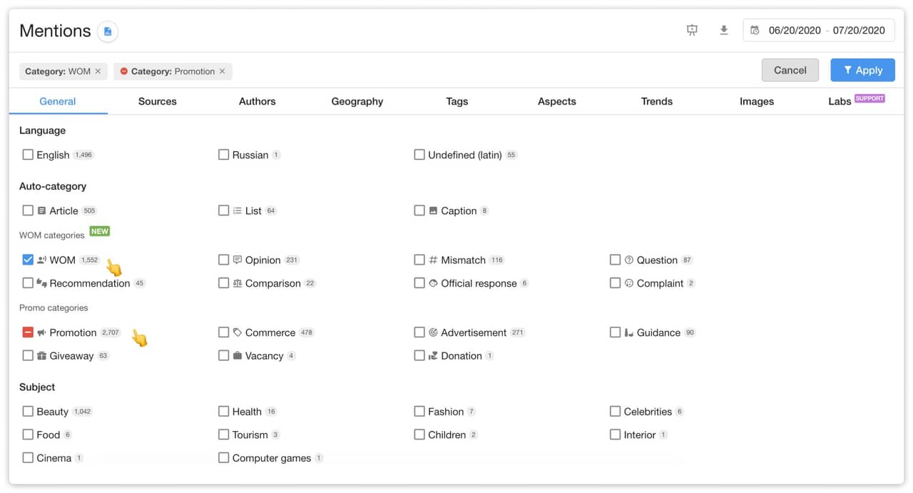 Social media listening aspects in YouScan