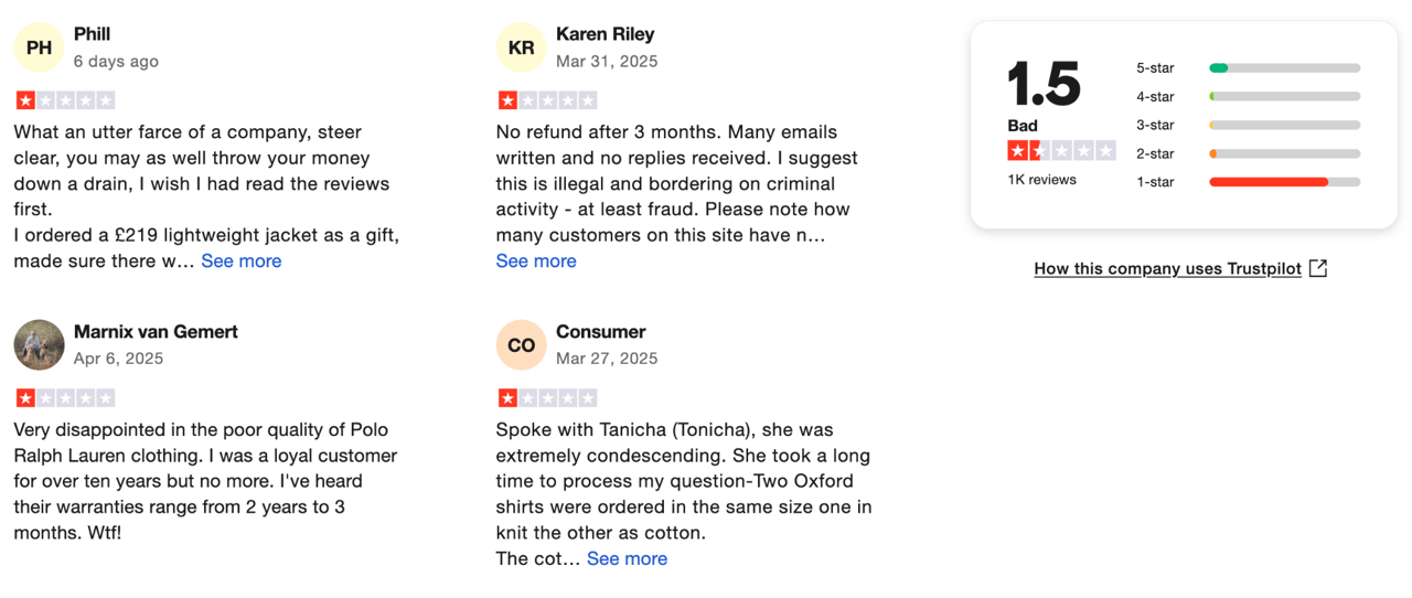 Ralph Lauren negative reviews on Trustpilot