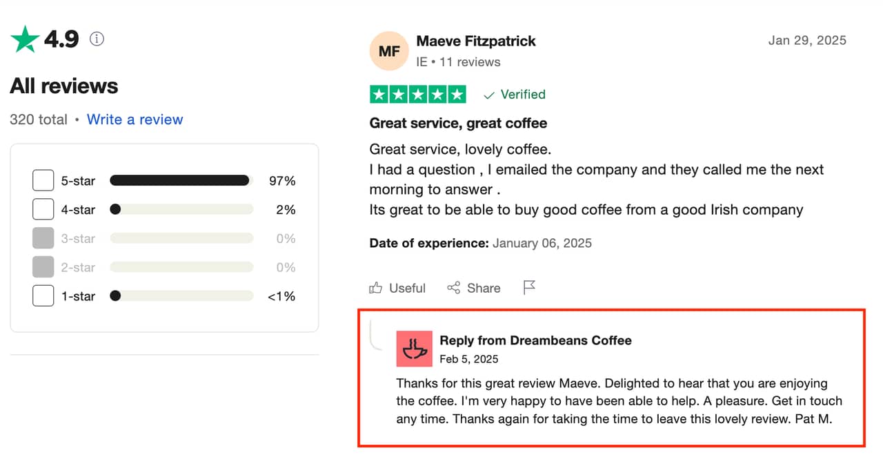Brand responding to positive reviews on Trustpilo