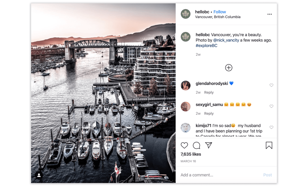 Instagram-аккаунт Британской Колумбии использует исключительно контент путешественников