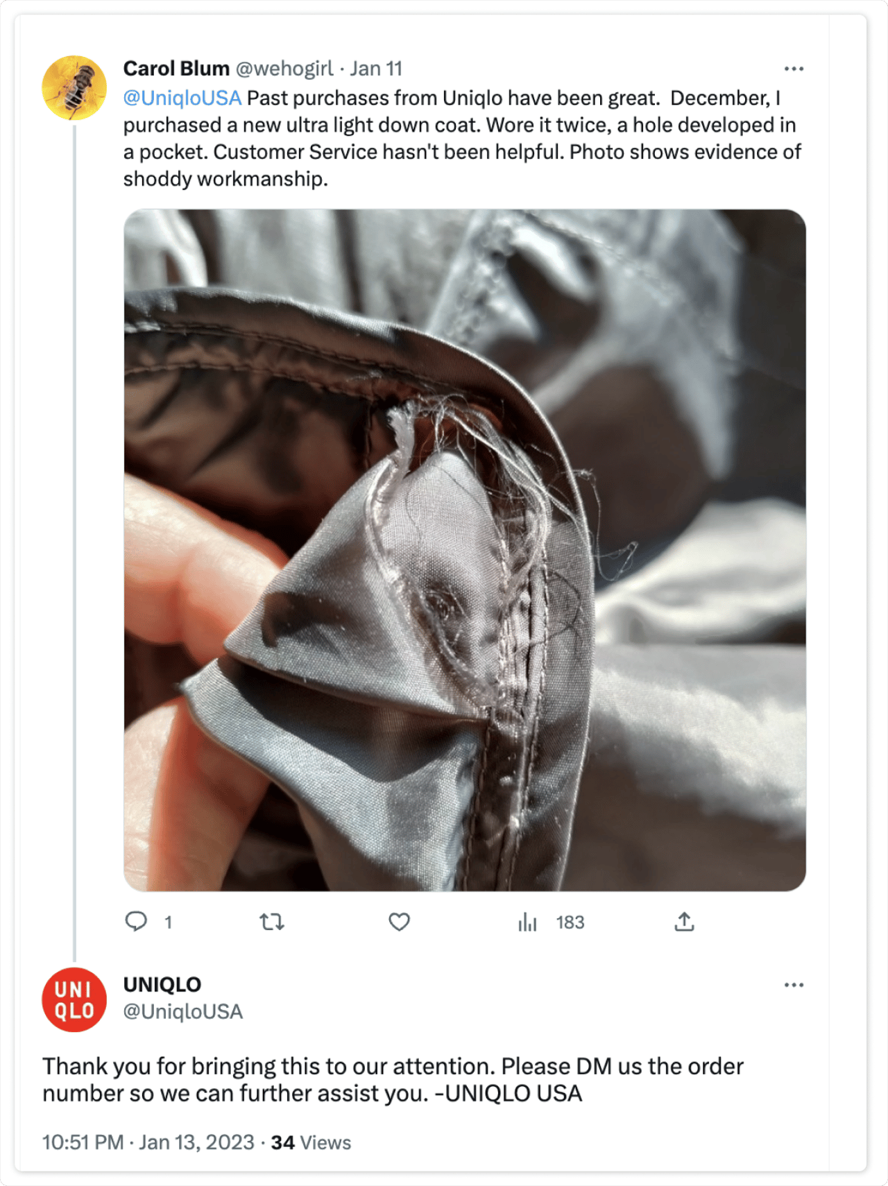 Complaint about Uniqlo on Twitter