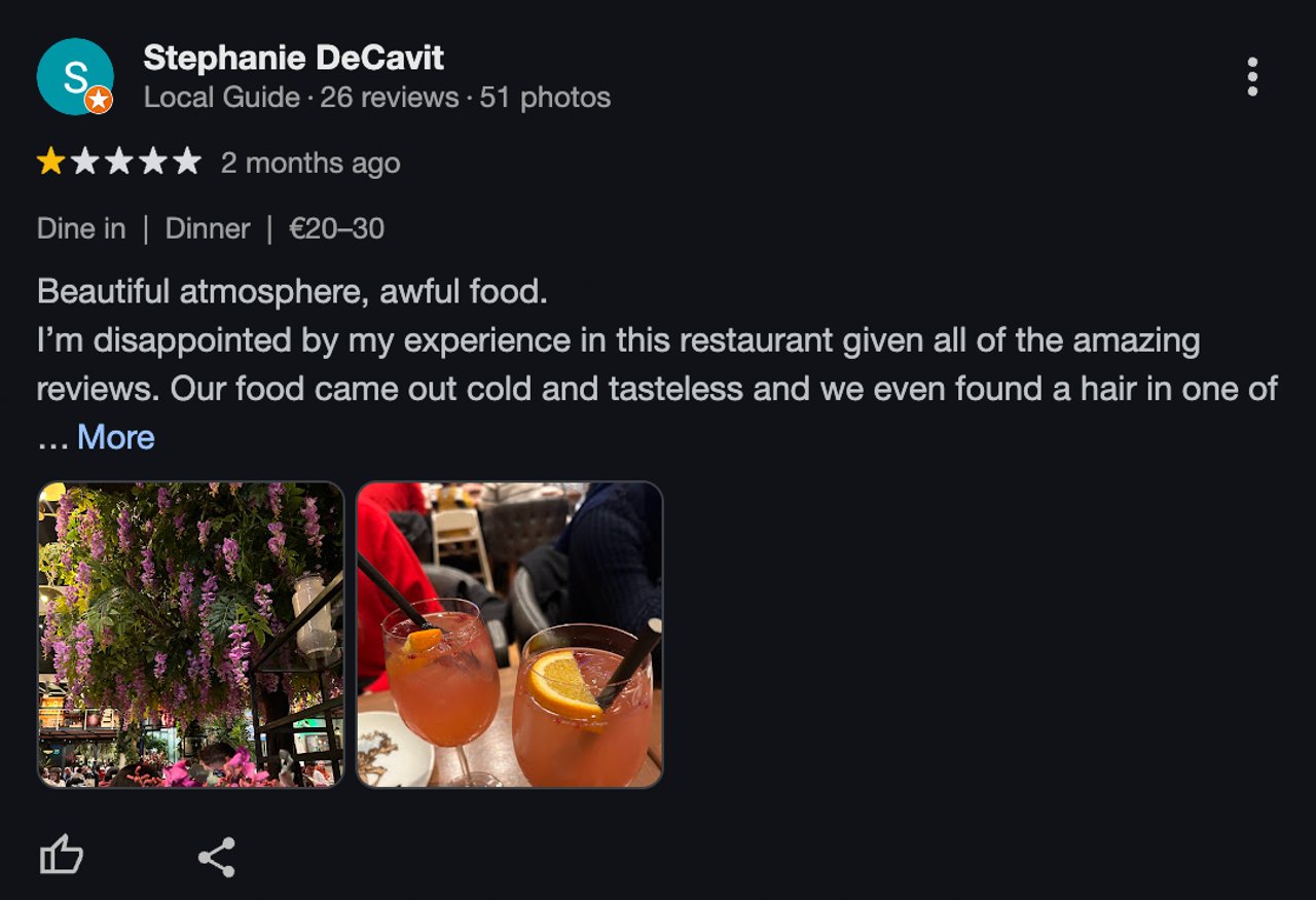 A negative Google review left without a response from the brand