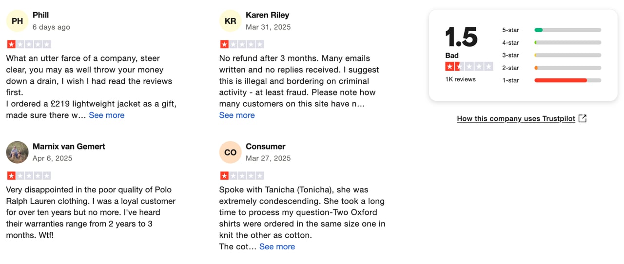 Ralph Lauren negative reviews on Trustpilot