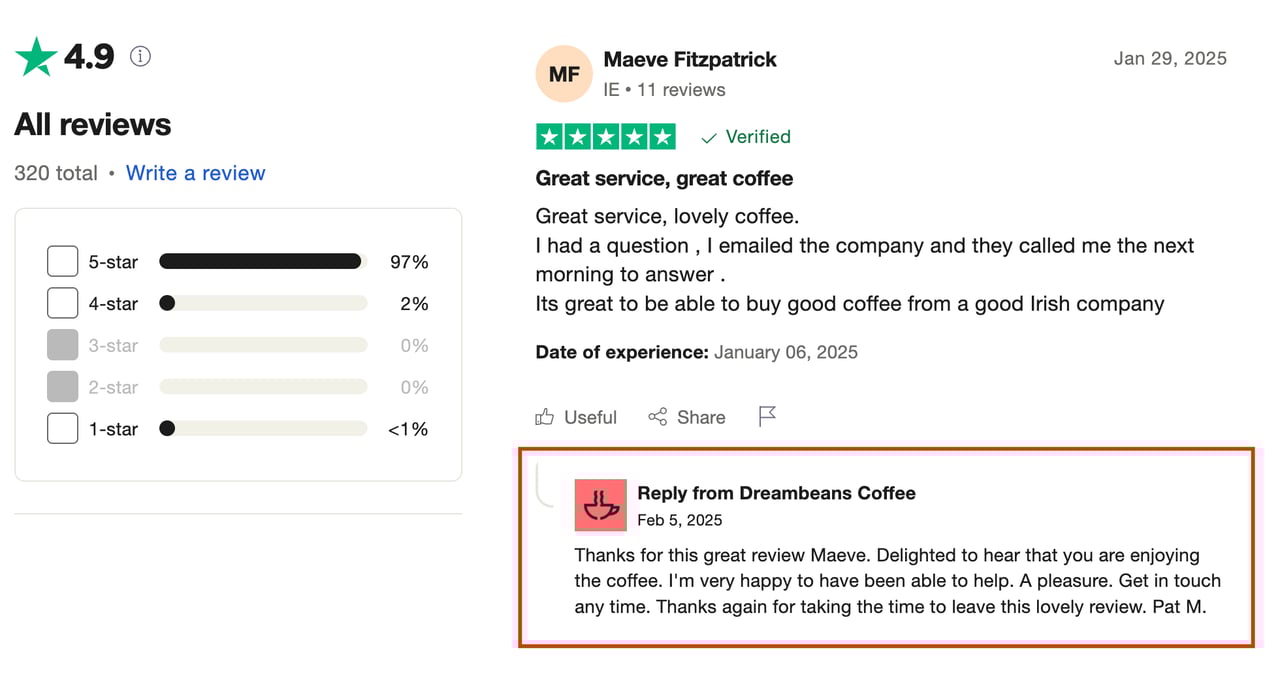 Brand responding to positive reviews on Trustpilo
